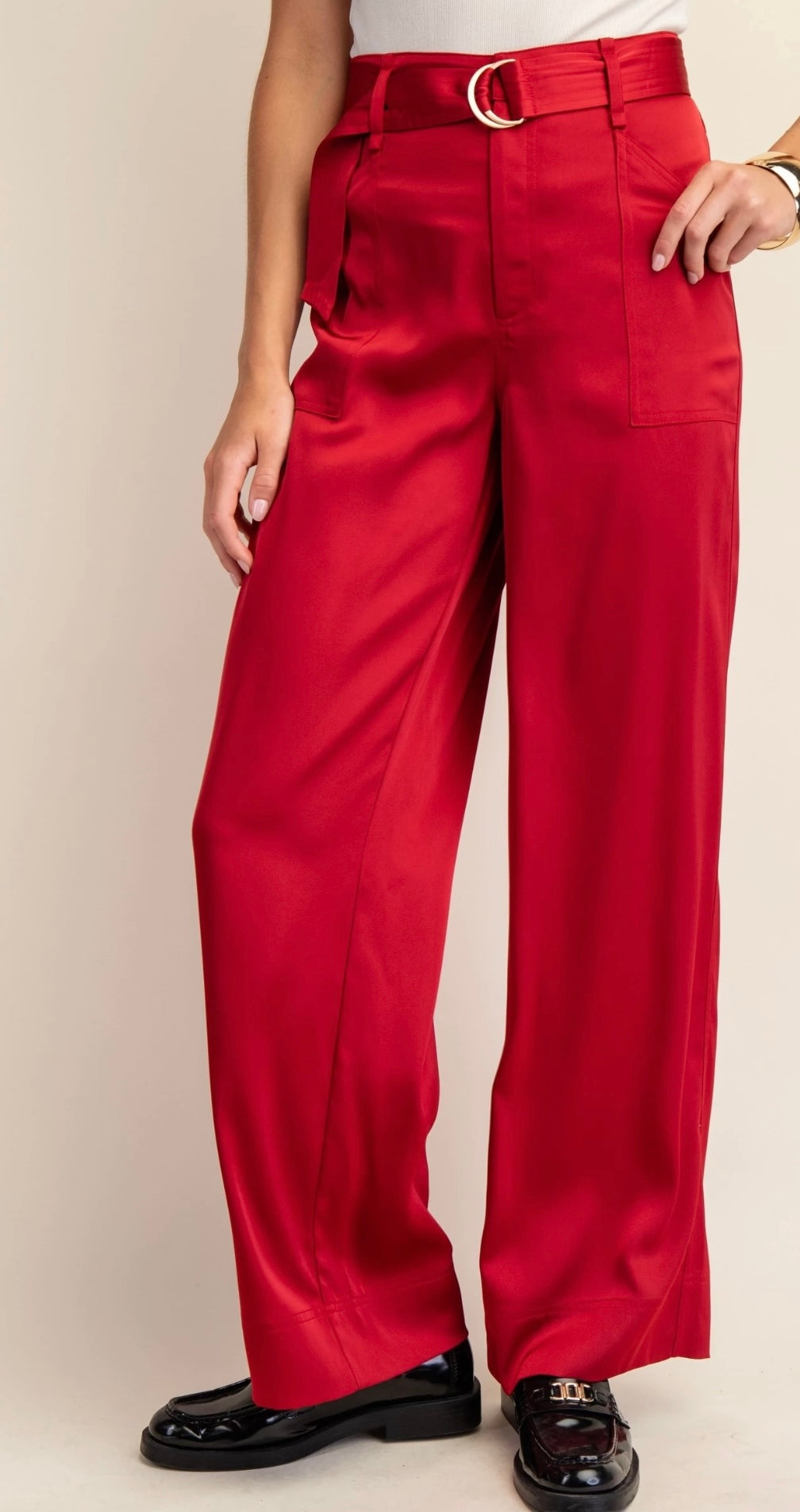 High Waisted Wide Leg Satin Red Pants 