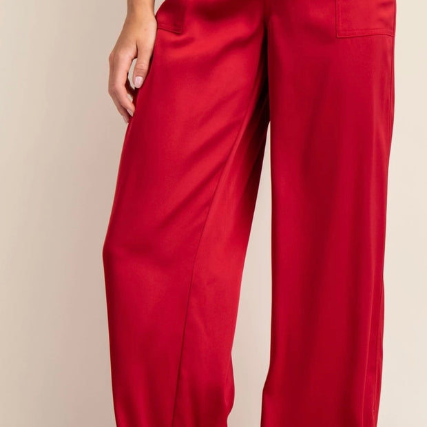 High Waisted Wide Leg Satin Red Pants 