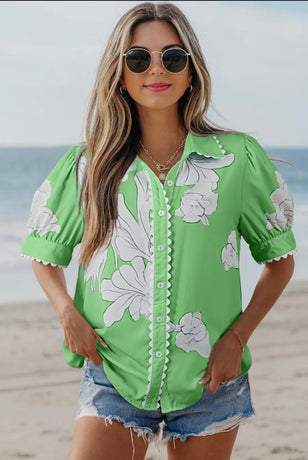 Floral Ric Rac Edge Puff Sleeve Blouse