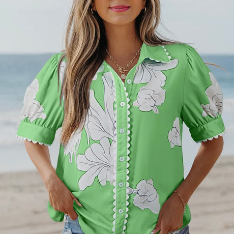 Floral Ric Rac Edge Puff Sleeve Blouse