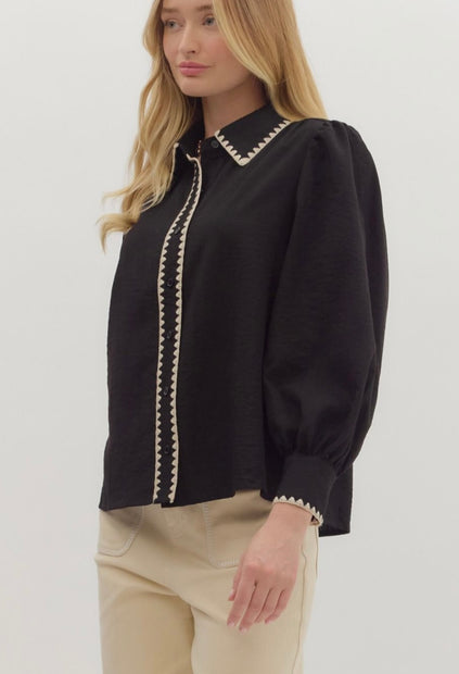 Black Puff Sleeve Blouse with Contrast Trim By Entro