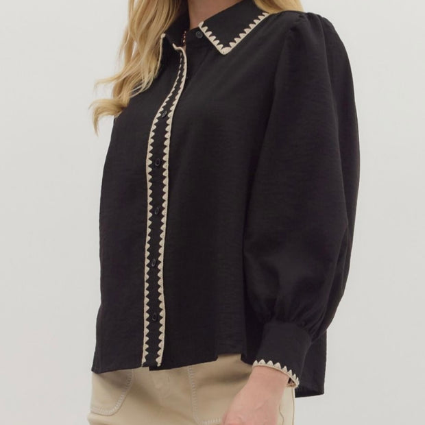 Black Puff Sleeve Blouse with Contrast Trim By Entro