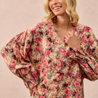 Floral Printed Corduroy V-neck Ruffle Cardigan Top by BiBi