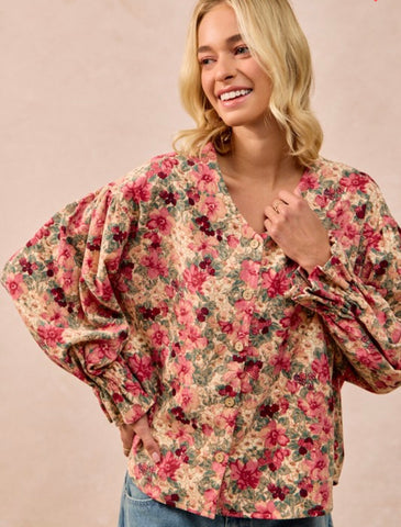 Floral Printed Corduroy V-neck Ruffle Cardigan Top by BiBi