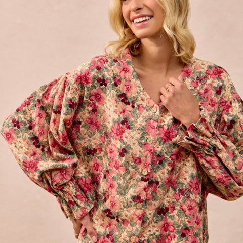 Floral Printed Corduroy V-neck Ruffle Cardigan Top by BiBi
