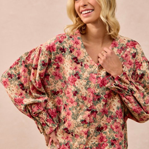 Floral Printed Corduroy V-neck Ruffle Cardigan Top by BiBi
