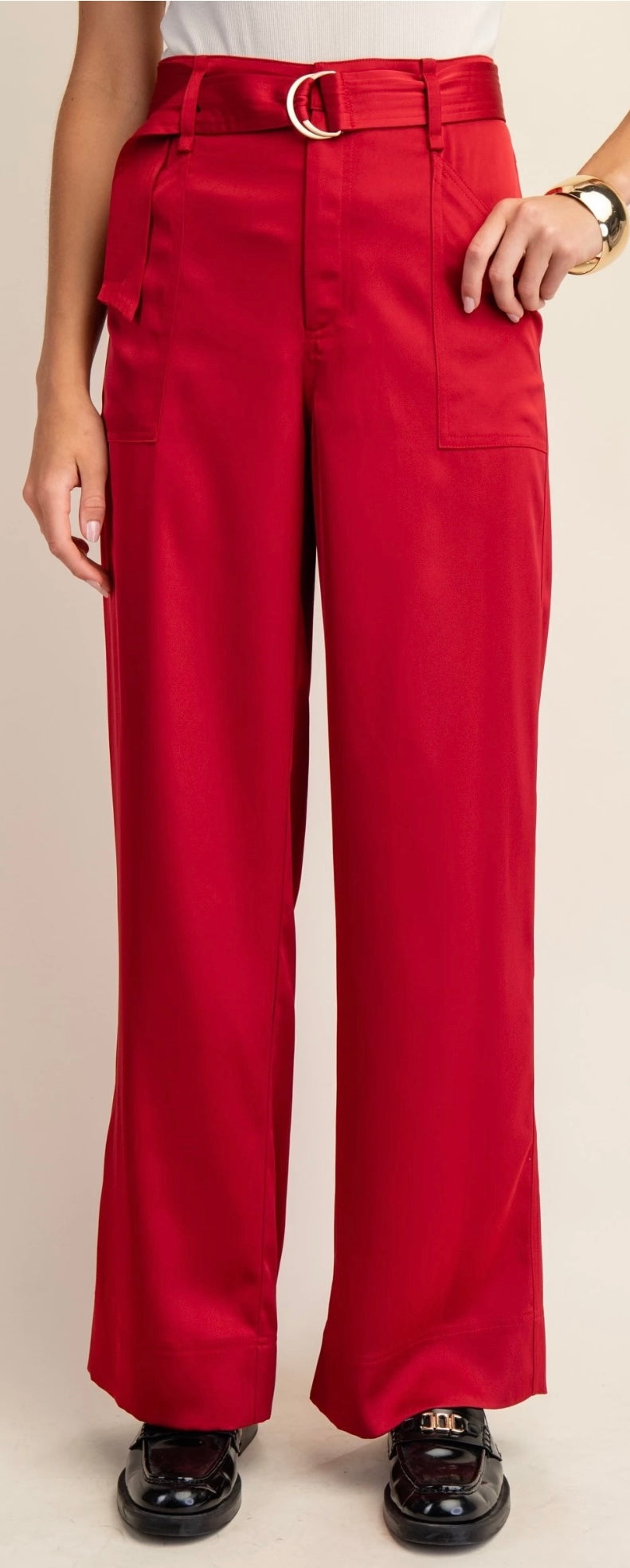 High Waisted Wide Leg Satin Red Pants