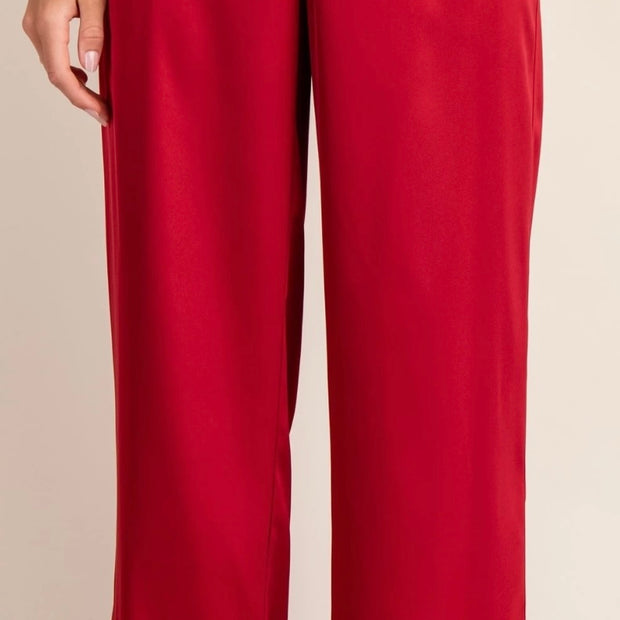 High Waisted Wide Leg Satin Red Pants
