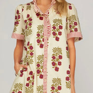 Vintage Bloom Striped Trim Dress