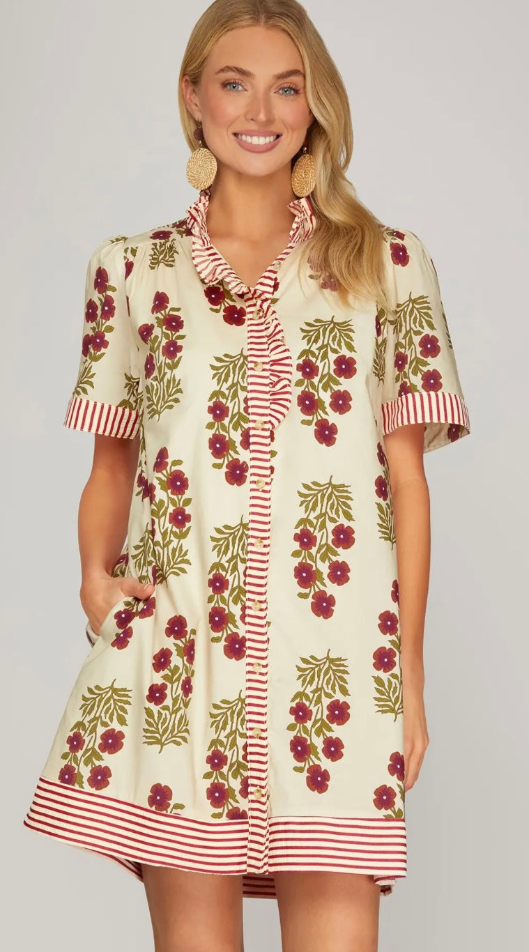 Vintage Bloom Striped Trim Dress