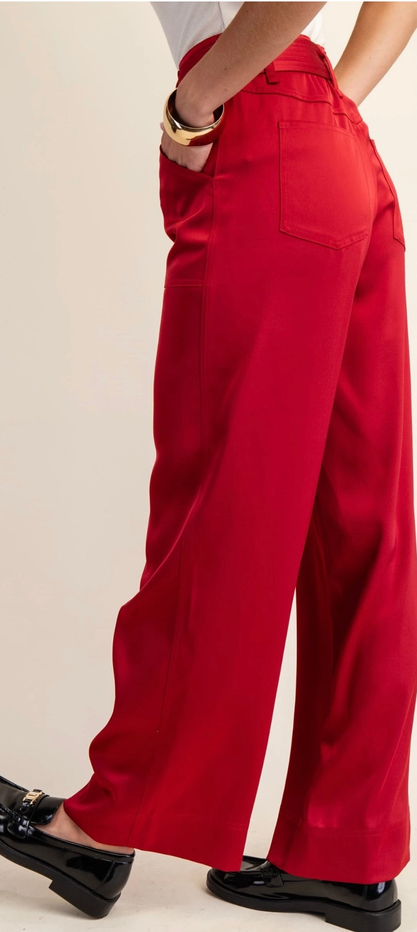 High Waisted Wide Leg Satin Red Pants