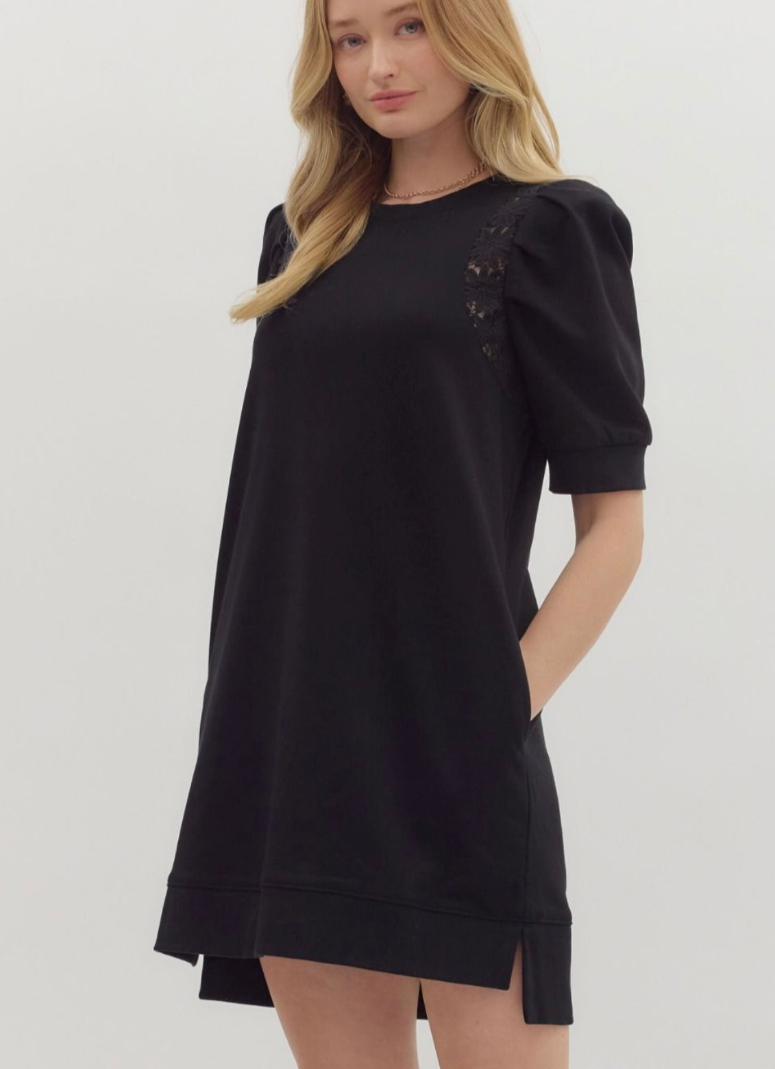 Entro Black Mini Dress with Accented Puff Sleeves