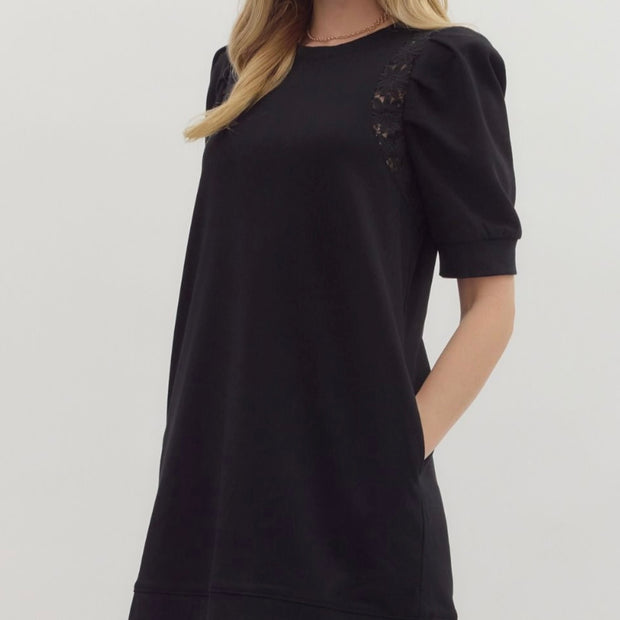 Entro Black Mini Dress with Accented Puff Sleeves
