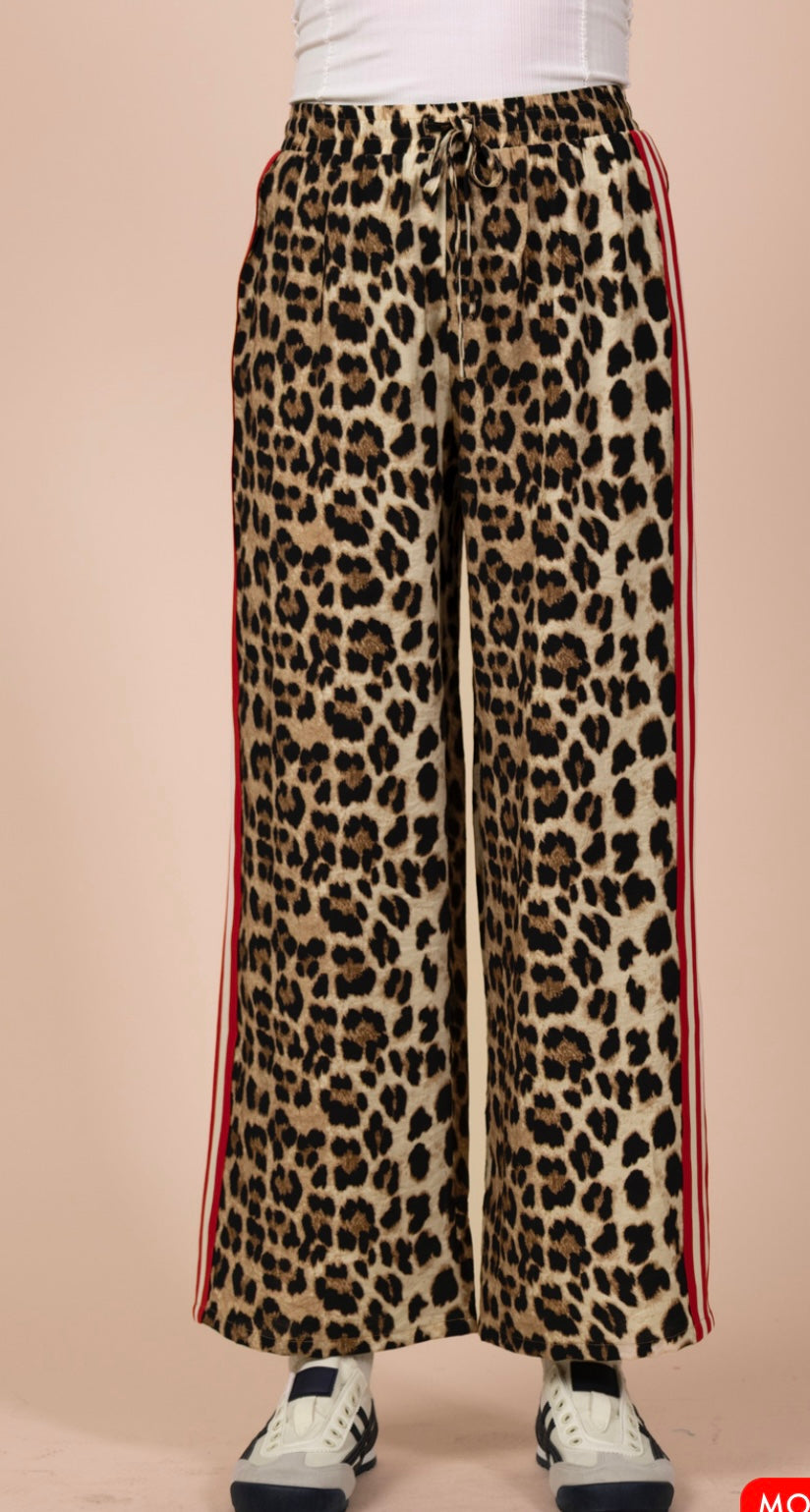Leopard Side Striped Wide Leg Pants