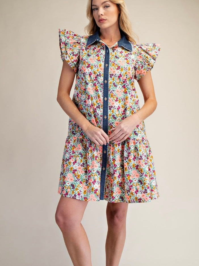Denim Darling Floral Ruffle Dress