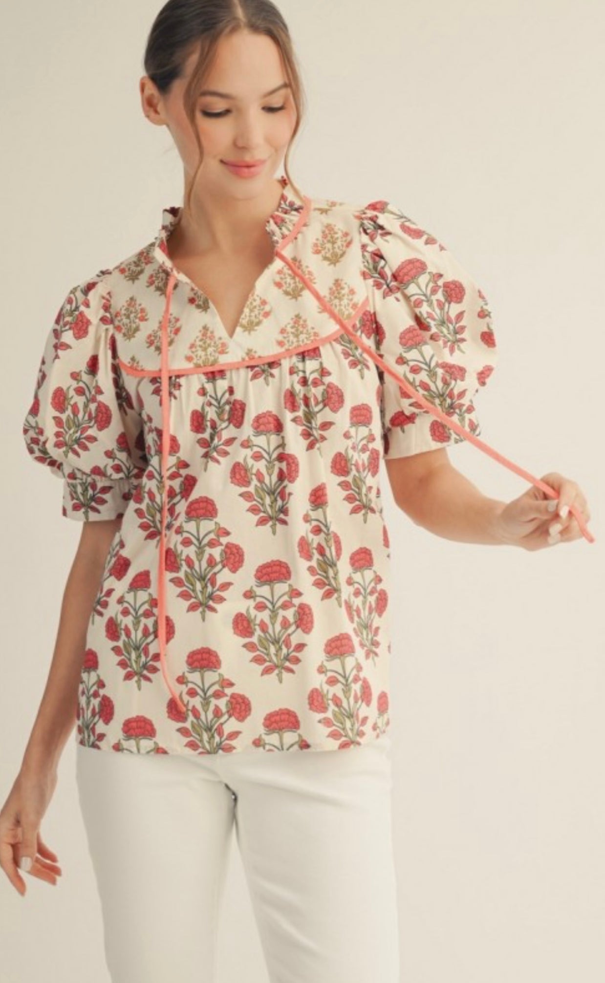 Floral Tie Neck Patchwork Blouse