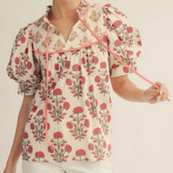 Floral Tie Neck Patchwork Blouse