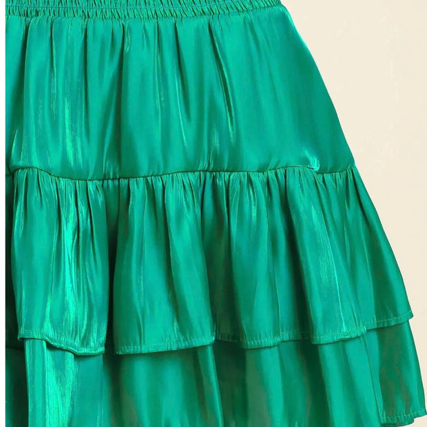 Shimmer Emerald Green Tiered Mini Skirt