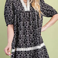Black and White Printed Dress with Lace Detail