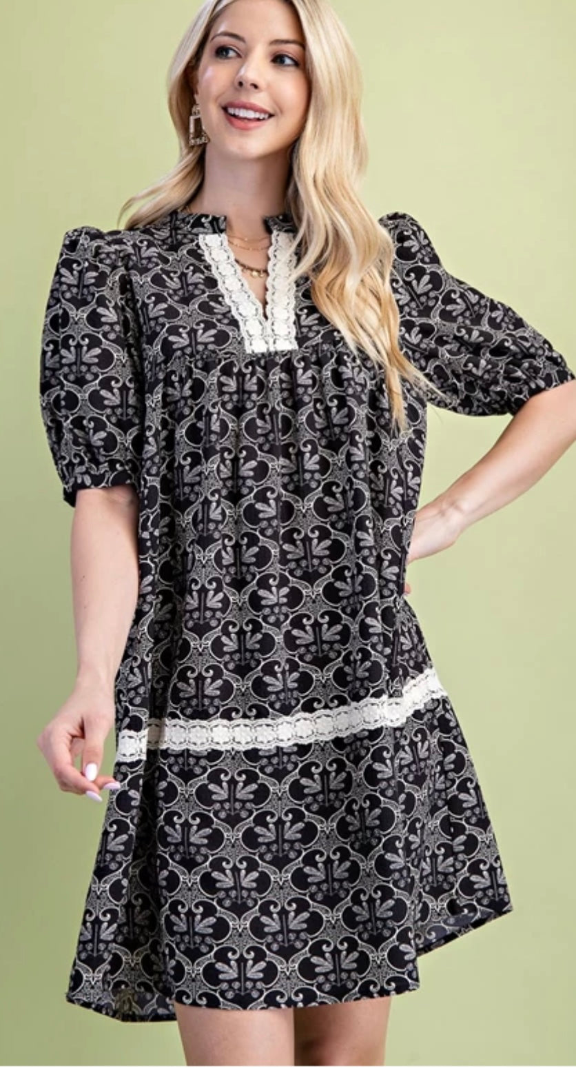 Black and White Printed Dress with Lace Detail