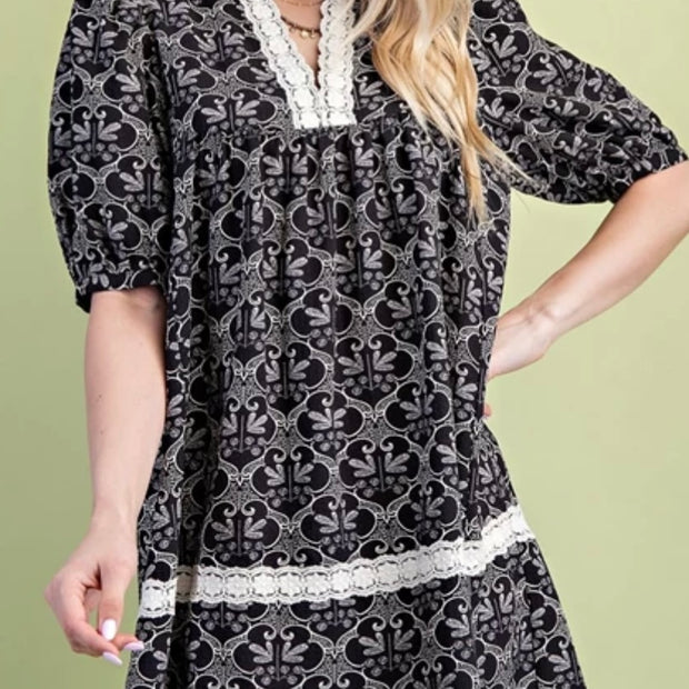 Black and White Printed Dress with Lace Detail