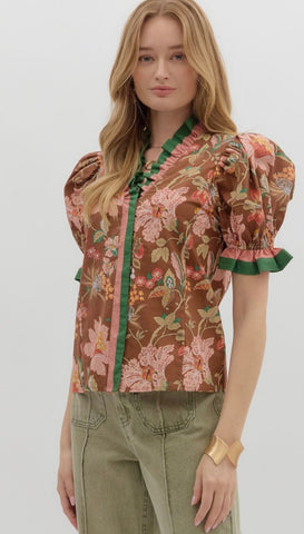 Floral Print Shoulder Puff Sleeve Top by Entro