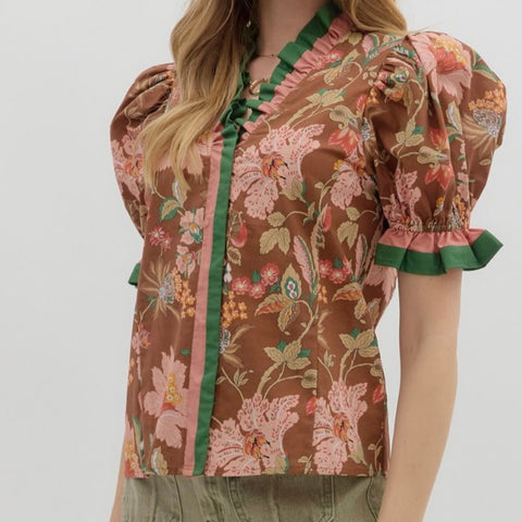Floral Print Shoulder Puff Sleeve Top by Entro