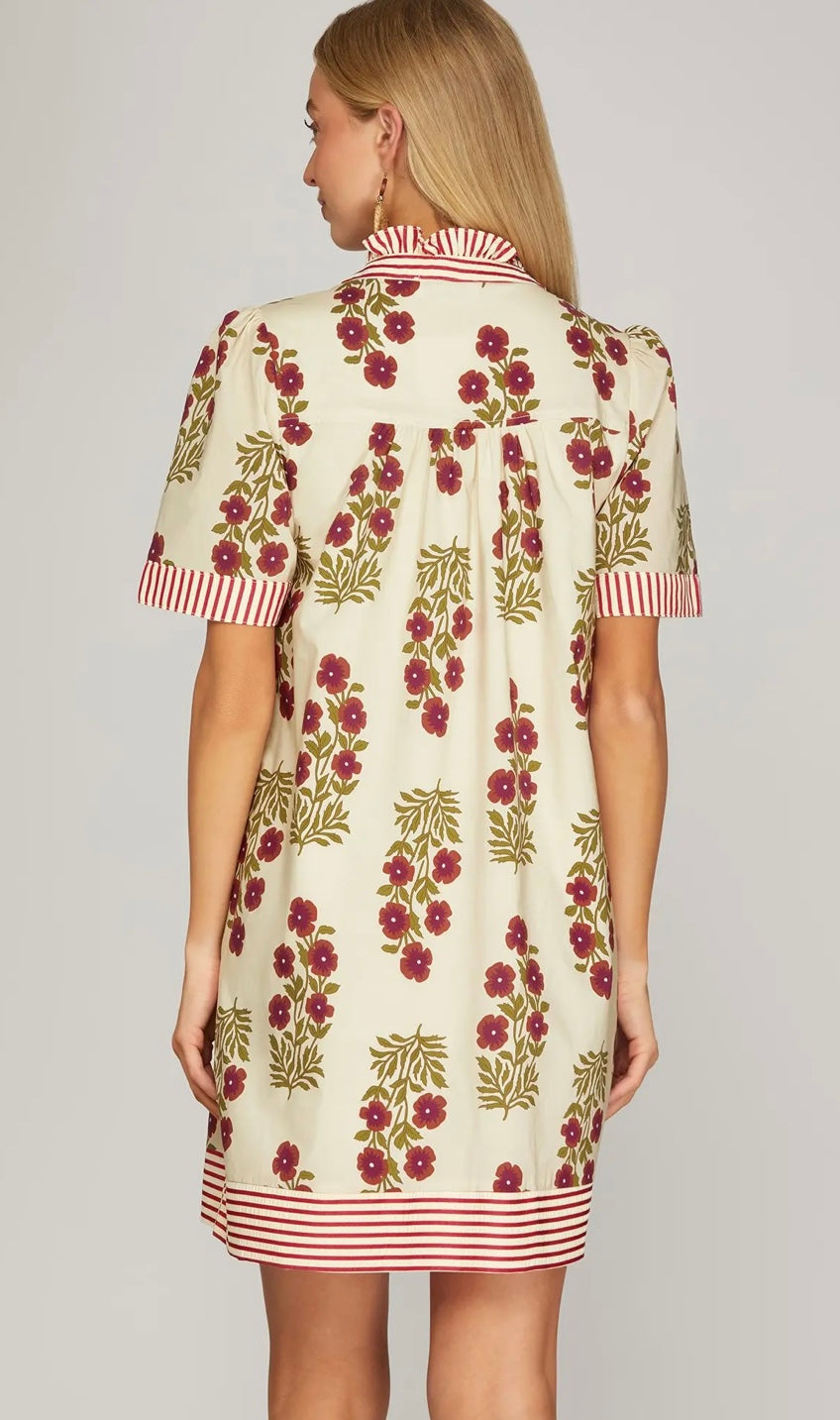 Vintage Bloom Striped Trim Dress