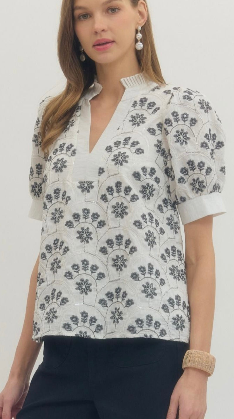 Midnight Bloom Sequin Embroidered Blouse