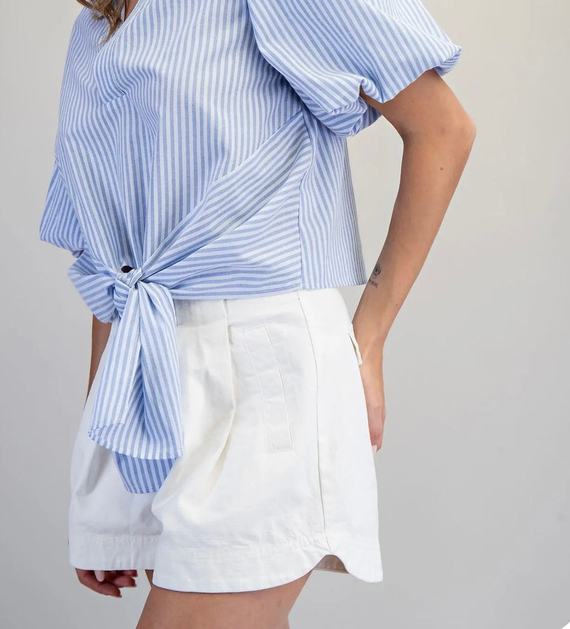 White Pleated Cuffed Shorts