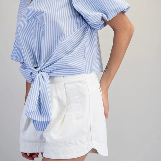 White Pleated Cuffed Shorts