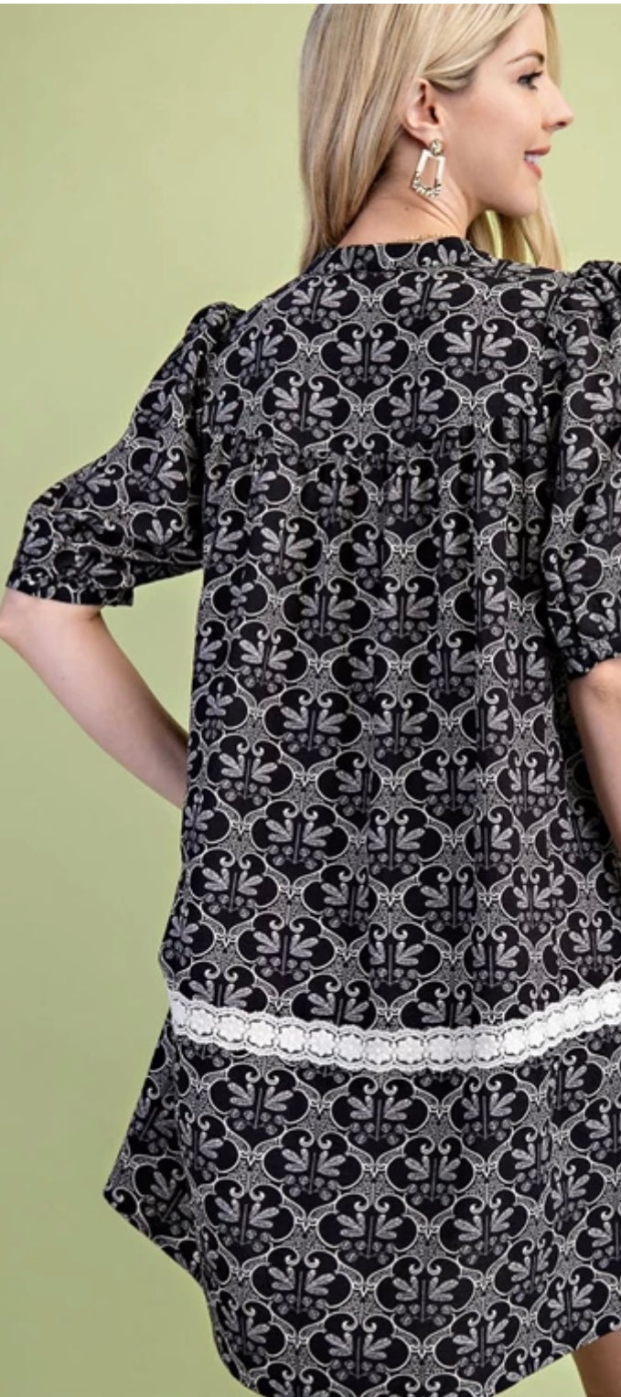 Black and White Printed Dress with Lace Detail