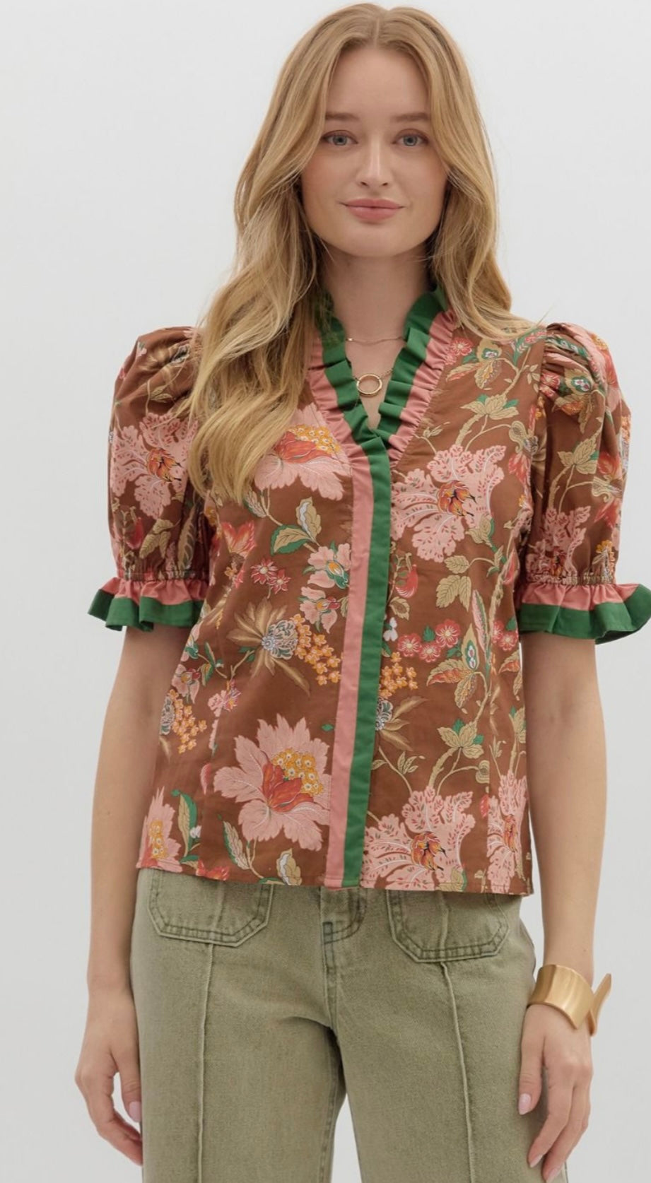 Floral Print Shoulder Puff Sleeve Top by Entro