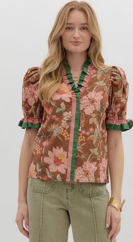 Floral Print Shoulder Puff Sleeve Top by Entro