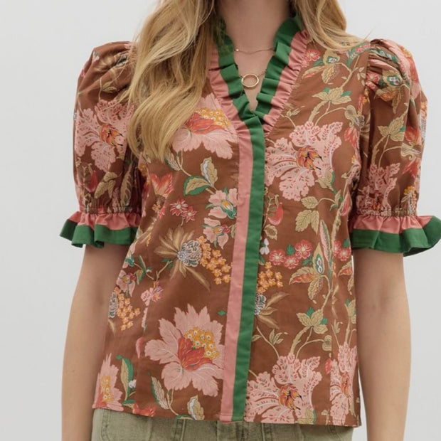 Floral Print Shoulder Puff Sleeve Top by Entro