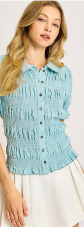 Light Blue Button Down Ruching Collared Top