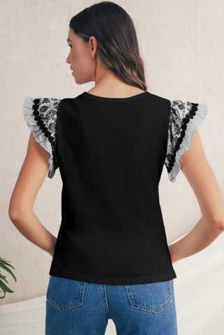 Black Floral Patchwork Flutter Sleeve Blouse