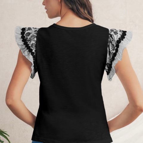 Black Floral Patchwork Flutter Sleeve Blouse