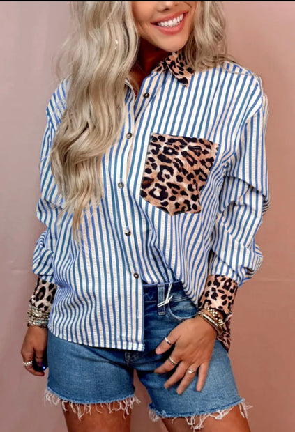Blue Striped and Leopard Patchwork Button Up Blouse 