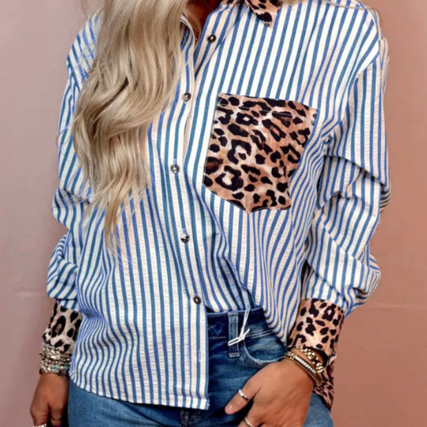 Blue Striped and Leopard Patchwork Button Up Blouse 