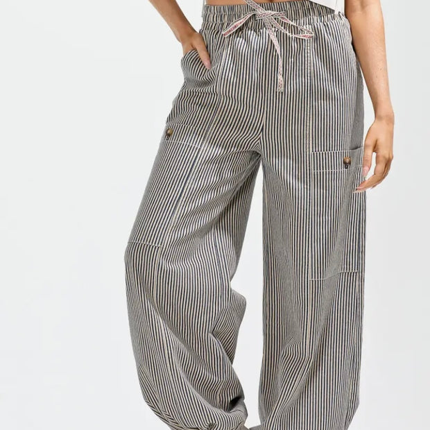 Grey Elastic Waist Vintage Wash Striped Pants