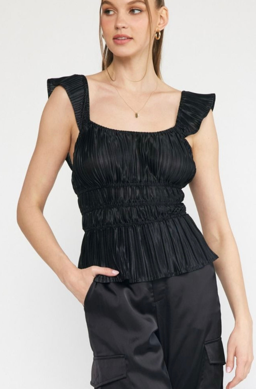Satin Pleated Ruffle Strap Top