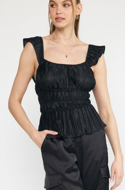 Satin Pleated Ruffle Strap Top