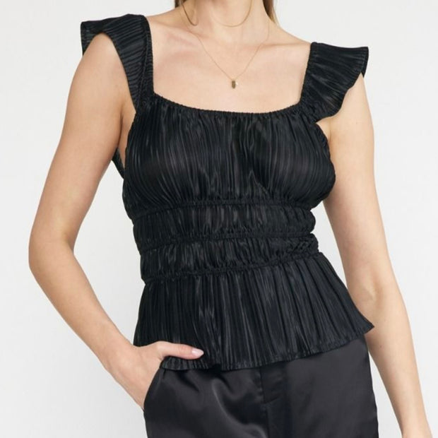 Satin Pleated Ruffle Strap Top