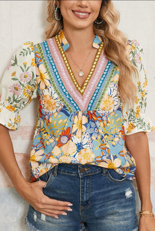 Multicolor Half Sleeve Boho Floral Blouse