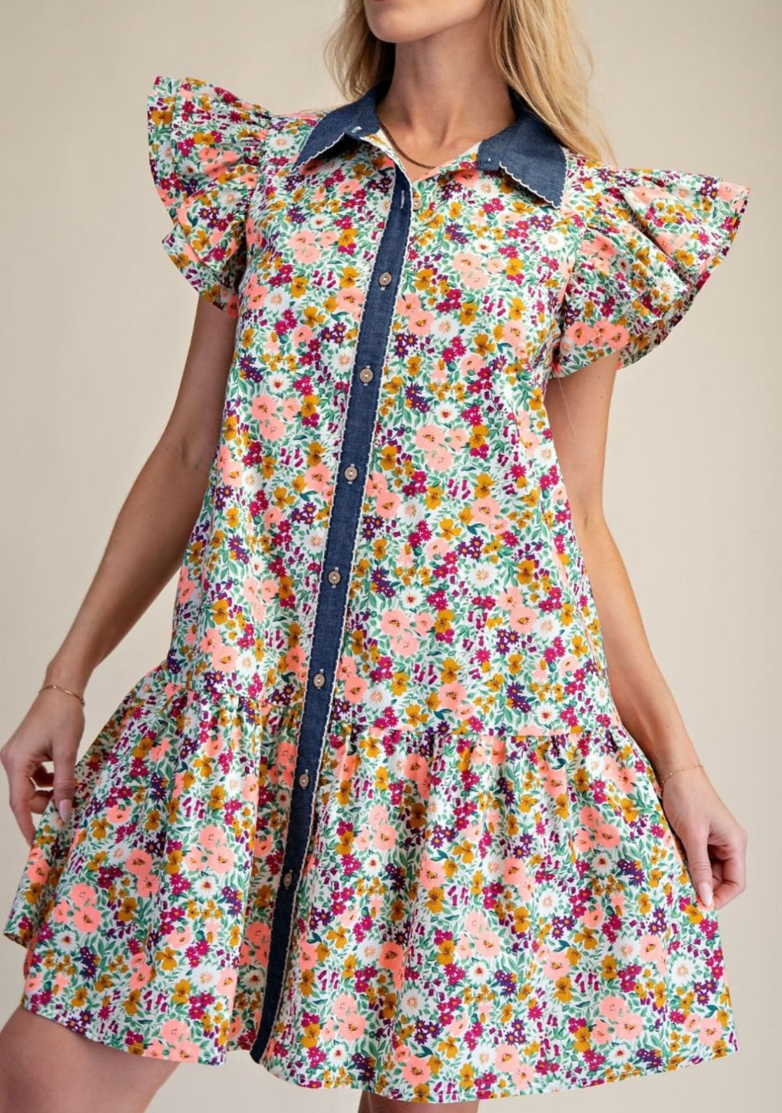 Denim Darling Floral Ruffle Dress
