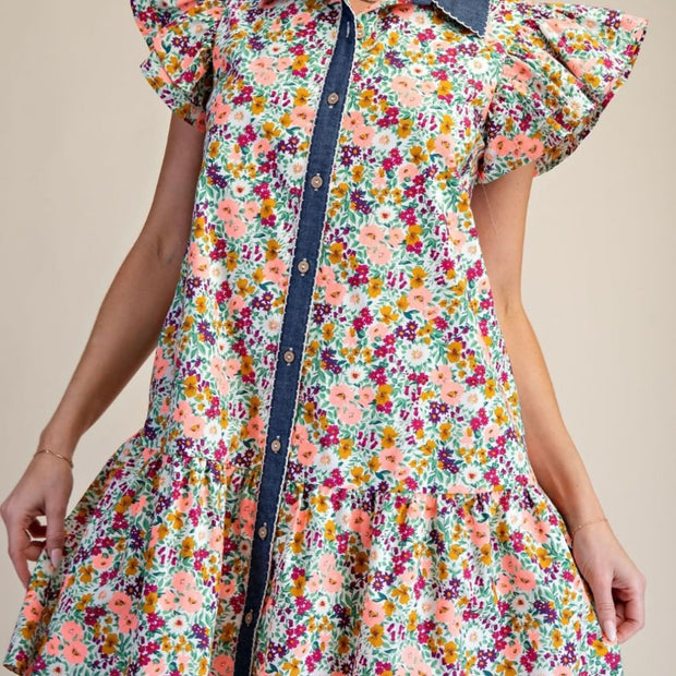Denim Darling Floral Ruffle Dress