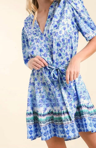 Umgee Satin Floral Dress with Puff Sleeves