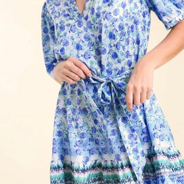 Umgee Satin Floral Dress with Puff Sleeves