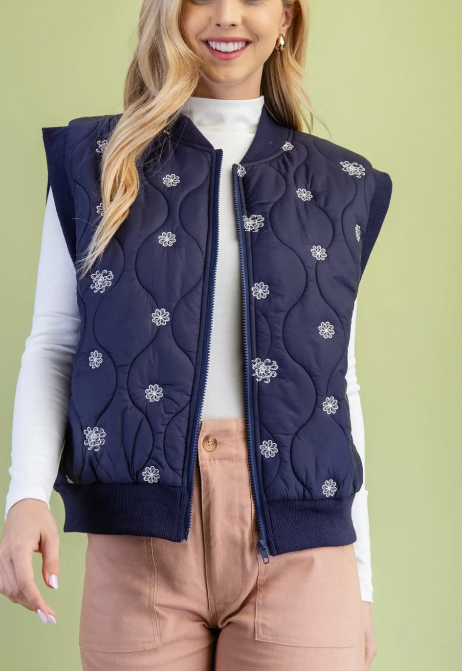 Flower Stitch Navy Quilted Vest
